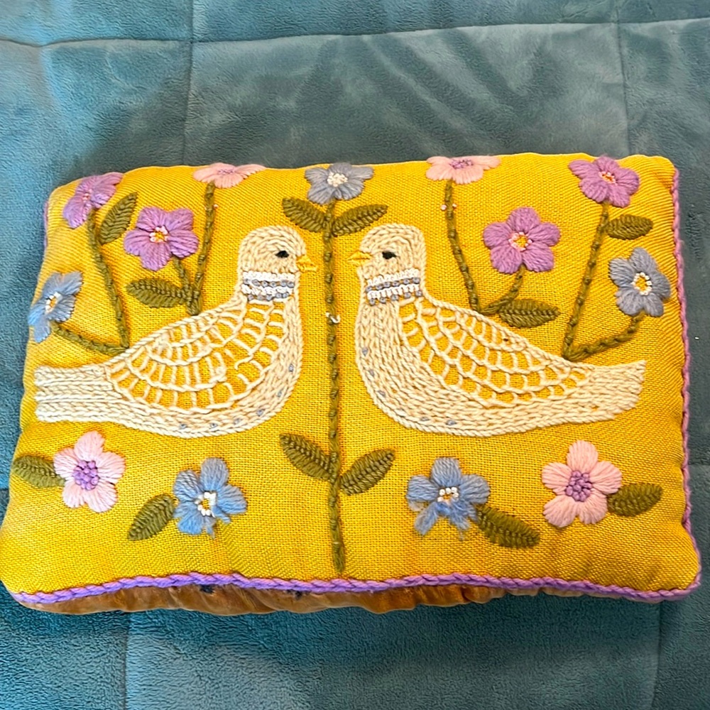 Vtg Bird Dove Crewel Work Yellow Floral Pillow